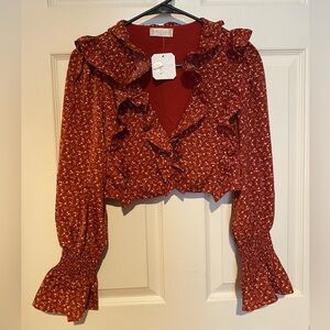 Altar'd State Rust Floral Ruffle Blouse